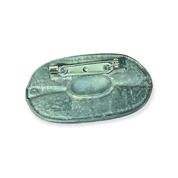 Vintage Deco Era Metal Enamel Overlay Brooch Pin, oval green grey rhinestones ge - Picture 2 of 3